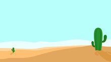 Flat Vector Illustration Of Sunny Desert Landscape With Clear Sky And Some Cactus