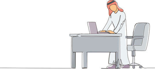 Wall Mural - continuous one line drawing arabic man employee working at ergonomic workstation. office furniture w