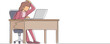© Simple Line - Single continuous line drawing female manager working on computer laptop. Woman with question mark over head scratches back of her head sitting in front of laptop. One line draw graphic design vector