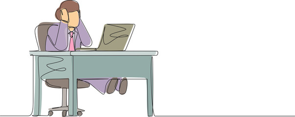 Wall Mural - continuous one line drawing tired office worker man character. male work at laptop feeling bad. hold