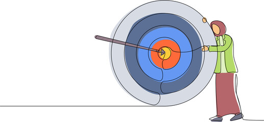 Canvas Print - Continuous one line drawing Arab businesswoman hugs and stands next to circle of target, arrow that hit target right in middle, analyze result of achievement within company. Single line design vector
