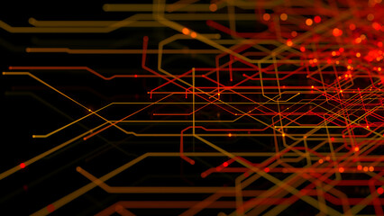 Futuristic Geometric Lines form a Technical Grid. Orange and Yellow Computing Concept.