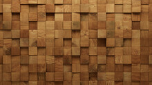 3D Tiles Arranged To Create A Natural Wall. Square, Timber Background Formed From Wood Blocks. 3D Render
