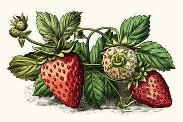 Wall Mural - Illustration of strawberries with leaves on a white background created with Generative AI technology