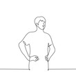 man stands with his hands on his hips - one line drawing vector. concept listen or observe in a confident posture