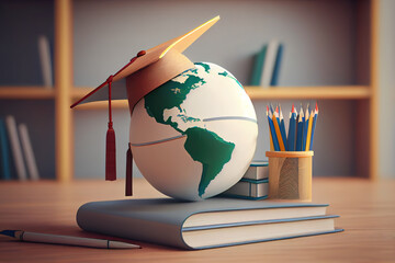 Graduation cap with Earth globe. Concept of global business study. Generative Ai