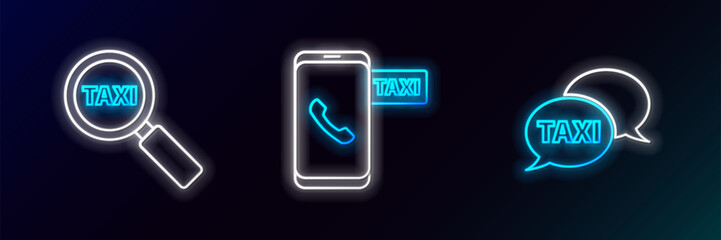 Poster - Set line Taxi call telephone service, Magnifying glass and taxi car and icon. Glowing neon. Vector