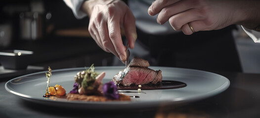 skillful chef artfully plating a venison dish in a professional kitchen. generative ai