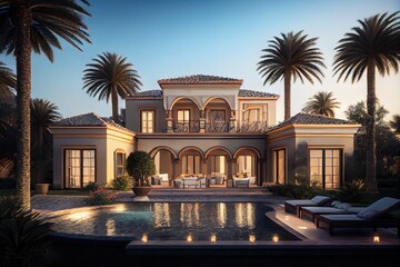 luxurious villa with private pool and hot tub surrounded by palm trees, created with generative ai