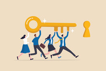 Key To Success, Teamwork, People To Help Solve Problem, Career Opportunity, Unlock Secret Or Discovery, Motivation Concept, Business People Team Member Help Carry Golden Success Key Push Into Keyhole.