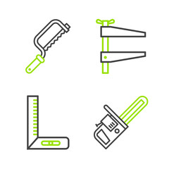 Wall Mural - Set line Chainsaw, Corner ruler, Clamp tool and Hacksaw icon. Vector