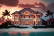 luxury beachfront villa, with private pool and breathtaking sunset views, created with generative ai