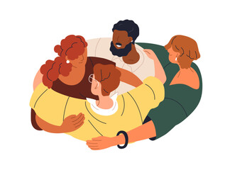 People hugging together. Supportive community, togetherness, mutual care and love concept. Group of characters in circle, embracing. Flat graphic vector illustration isolated on white background