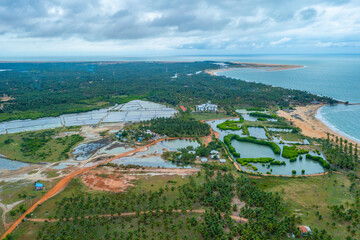 Canvas Print - Aerial view of agricultural fields overlooked by wind power turbines at Kalpitiya in Sri Lanka