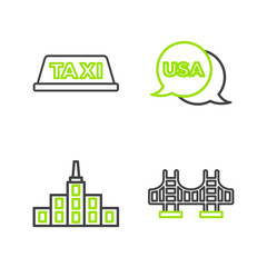 Sticker - Set line Golden gate bridge, City landscape, USA Independence day and Taxi car roof icon. Vector