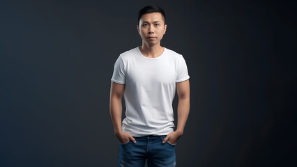 Handsome asian man with brown eyes wearing simple white t- shirt. Isolated on dark background. White t- shirt mock up.