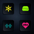 Set USA Independence day, Hexagram sheriff, Golden gate bridge and Burger. Black square button. Vector