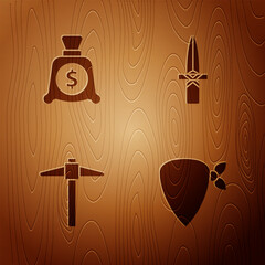 Poster - Set Cowboy bandana, Money bag, Pickaxe and Dagger on wooden background. Vector