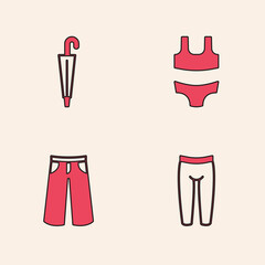 Poster - Set Leggings, Umbrella, Swimsuit and Pants icon. Vector