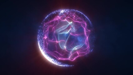 abstract purple looped energy sphere from particles and waves of magical glowing on a dark backgroun