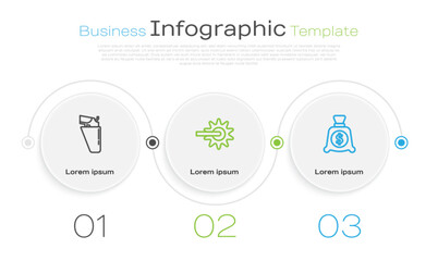 Poster - Set line Revolver gun in holster, Spur and Money bag. Business infographic template. Vector