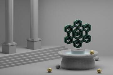 Aufkleber - Beautiful abstract illustrations Green NFT Social symbol icon on a fountain and column background. 3d rendering illustration.