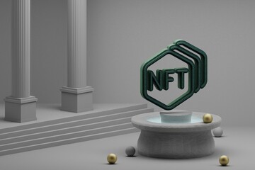 Leinwandbilder - Beautiful abstract illustrations Green NFT Collection symbol icon on a fountain and column background. 3d rendering illustration.