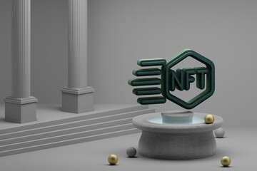 Aufkleber - Beautiful abstract illustrations Green NFT Token symbol icon on a fountain and column background. 3d rendering illustration.