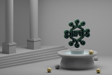 Aufkleber - Beautiful abstract illustrations Green NFT Tokens symbol icon on a fountain and column background. 3d rendering illustration.