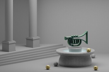 Poster - Beautiful abstract illustrations musical Inclined Saxofon symbol icon on a fountain and column background. 3d rendering illustration.