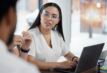 Business meeting, workshop and woman in office with laptop for team discussion on strategy and planning. Project management, conversation and team brainstorming for proposal, deal or job development.