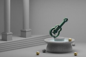 Poster - Beautiful abstract illustrations musical Jazz guitar symbol icon on a fountain and column background. 3d rendering illustration.