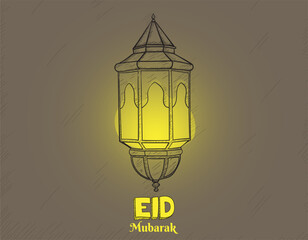 Wall Mural - Lantern in hand drawn with yellow light design for eid mubarak or islamic background template