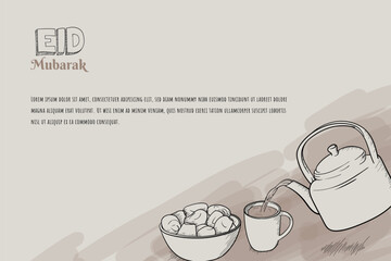 Sticker - Eid mubarak background design with dates and tea design and also good template for arabic background