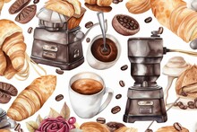 Watercolor Seamless Pattern With Bakery And Coffee Elements On White Background.Hand Painting Macaroon, Eclair,retro Coffee Maker,,coffee Cups,jam Jar,coffee Croissant. Wrapping. Generative AI