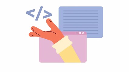 Animated creating website script. Webpages source code. Programming. 2D cartoon flat character hand 4K video footage on white with alpha channel transparency. Concept animation for web design