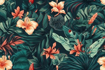 Sticker - colorful tropical pattern with leaves and flowers created with Generative AI technology