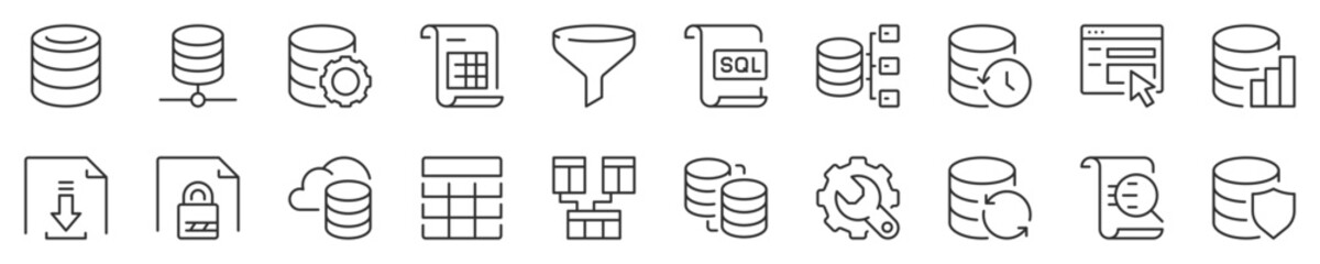 Wall Mural - database and data technology concepts thin line icon set. symbol collection in transparent backgroun
