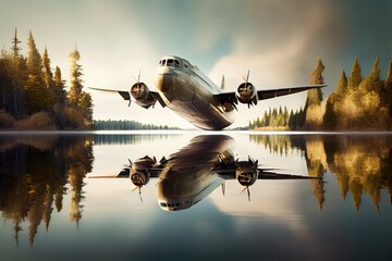 Wall Mural - cargo plane flies over peaceful lake, with reflections of water visible, created with generative ai
