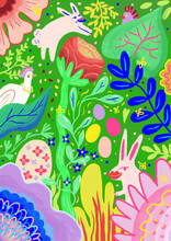 Groovy Easter Eggs, Bunnies And Chicken With Colorful Plants
