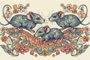 Wall Mural - Illustration of three adorable mice perched on a basket overflowing with colorful flowers created with Generative AI technology