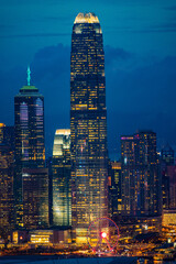 Poster - Hong Kong City Skyscraper Buildings and Business Financial District Central, Landmark Harbor View of Hong Kong City Skyline and Skyscrapers Cityscape Downtown at Sunset. Travel Sightseeing of HongKong