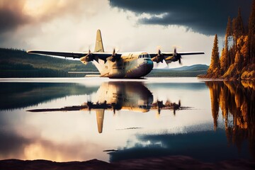 Wall Mural - cargo plane flying over peaceful lake, with reflection of the water in the background, created with generative ai