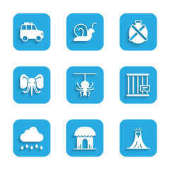 Sticker - Set Spider, African hut, Volcano eruption, Animal cage, Cloud with rain, Elephant, Canteen water bottle and Car icon. Vector