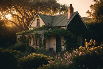 A quaint pastel-colored cottage nestled among lush greenery, with a vintage aesthetic, captured in soft light during the golden hour. Generative AI