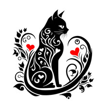 Black Cat With Red Hearts On A White Background. Design Element For Emblem, Mascot, Sign, Poster, Card, Logo, Banner, Tattoo. Isolated, Black And White Vector Illustration.