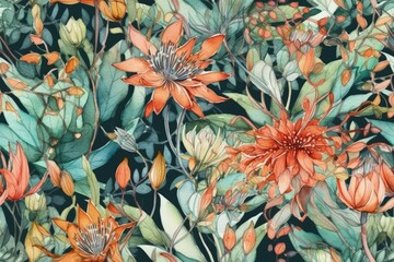 Sticker - Illustration of colorful flowers and leaves on a dark background created with Generative AI technology