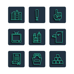 Sticker - Set line Declaration of independence, Potatoes french fries box, Gold bars, Number 1 one fan hand glove, City landscape, Retro tv, and Eagle head icon. Vector