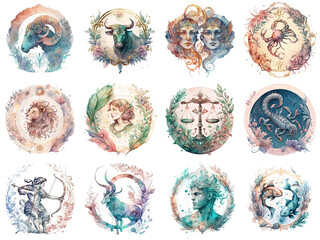 set of zodiac signs icons. aries, leo, gemini, taurus, scorpio, aquarius, pisces, sagittarius, libra