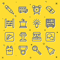 Sticker - Set line Ringing bell, Speech bubble chat, Shelf with books, Alarm clock, Stage stand, Abacus, Pencil eraser and Light bulb icon. Vector